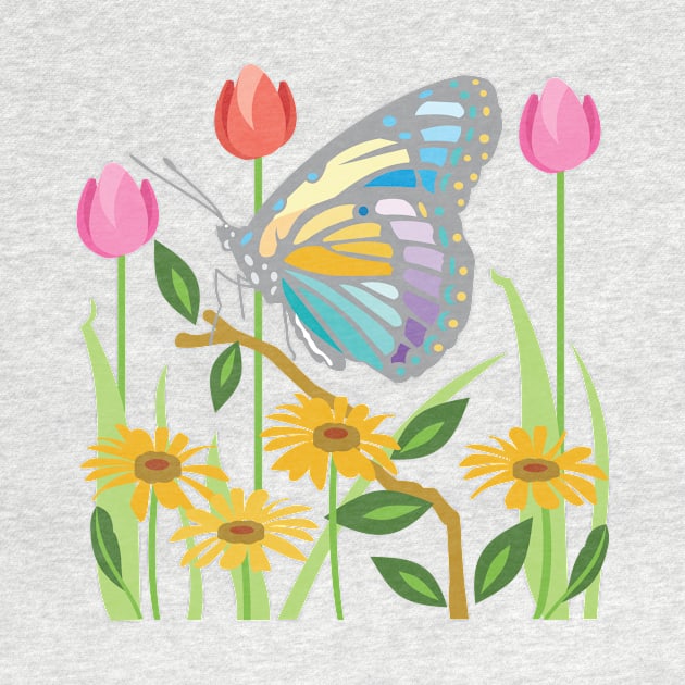 Butterfly in a Field of Tulips and Daisies by evisionarts